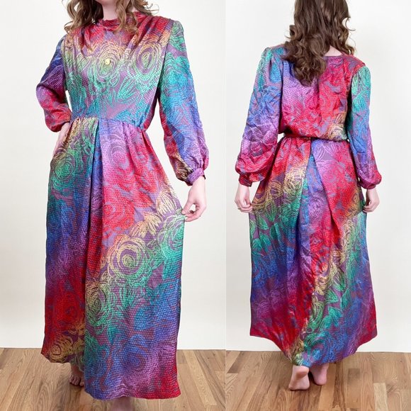 Vintage Dresses & Skirts - Vintage 100% Silk 70s Evening Gown Maxi Dress Formal Goddess Draped Floral Fancy